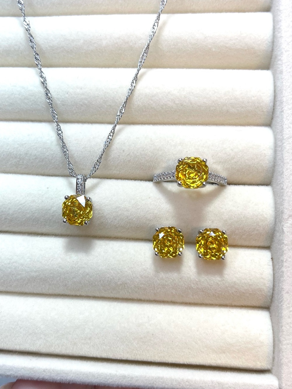 Yellow floral fantasy cut Jewelry Set Necklace Ring and Earrings -